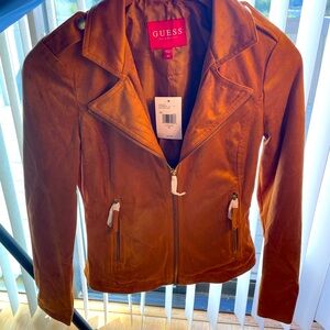 NWT: GUESS faux suede almond jacket, gold colored hardware, soft, XS